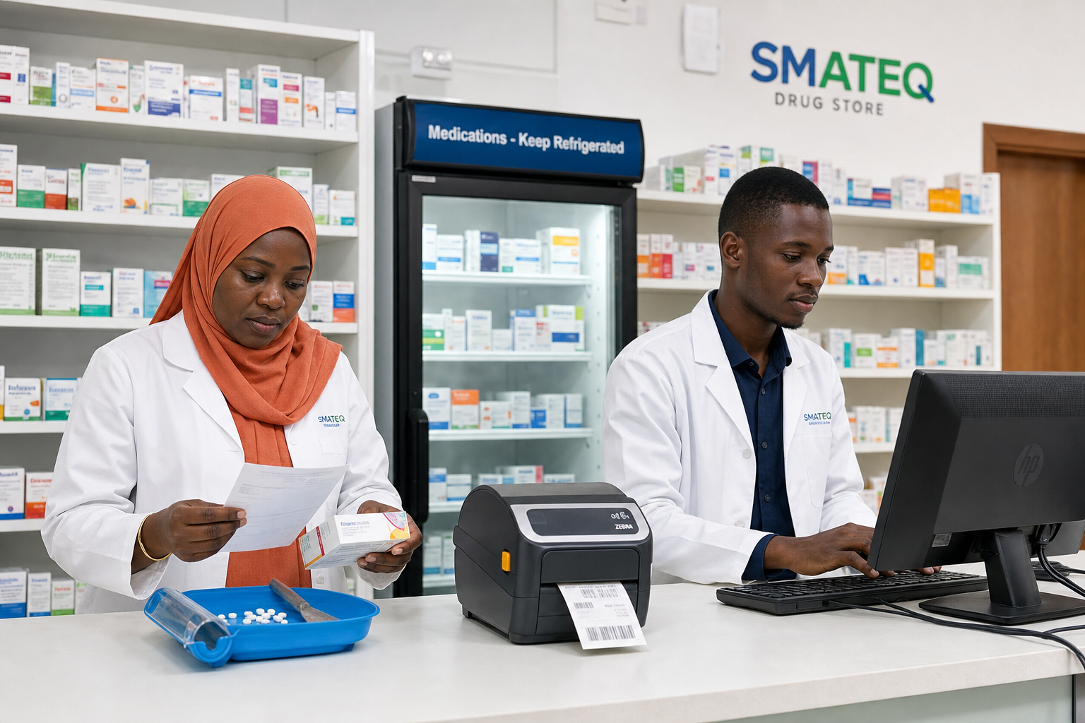 Pharmacy staff checking inventory